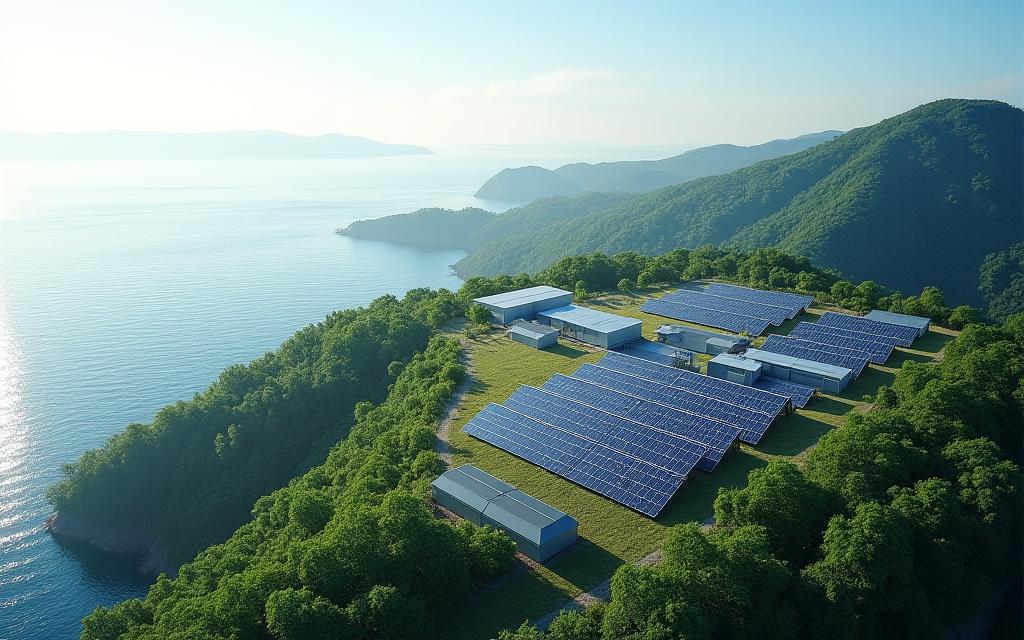 日本の離島に設置されたソーラーパネルと蓄電池施設