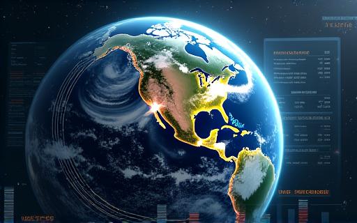 地球の衛星画像上に表示された気象データと予測グラフ